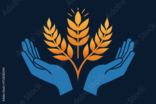 Two Blue Hands Holding Golden Wheat Stalks agriculture