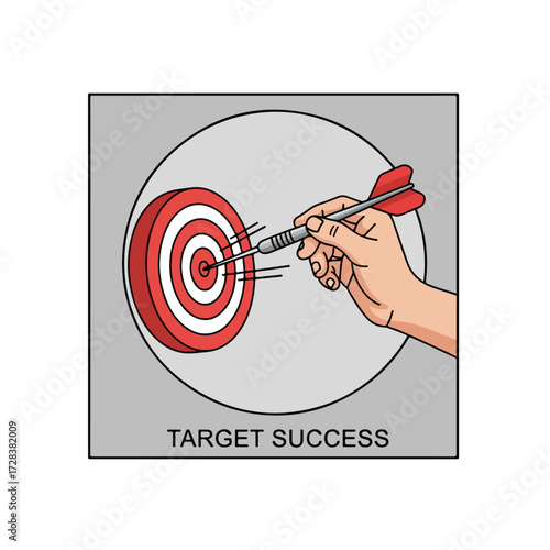 Hand holding a dart hitting the bullseye of a target board.