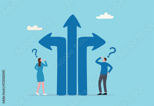Direction choice, crossroad or decision for career path, choosing path way, challenge or opportunity doubt, determination or tough decision concept, business people thinking on difference career path.