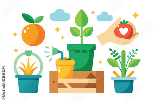 Gardening and Farming Icons with Fruits Plants and Tools