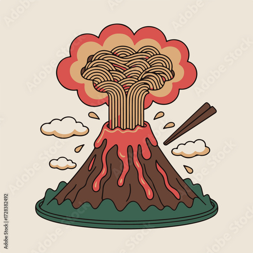 Whimsical ramen volcano erupting with noodles and steam a fun and creative food illustration isolated on white background