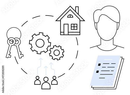 Keys, house, gears, person profile, contract, and team icons symbolizing real estate workflows, collaboration, management and responsibility. Ideal for homeownership property sale lease planning