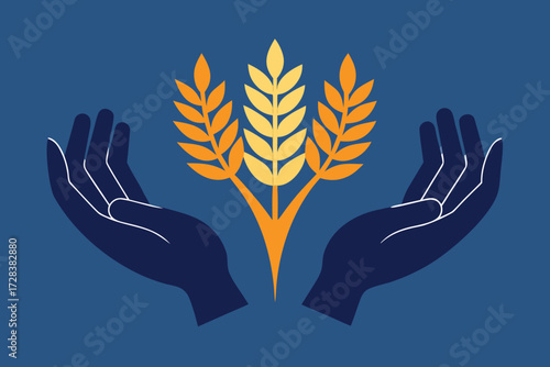 Hands Cupping Wheat Stalks Against Blue Background