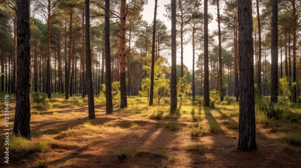 Fototapeta premium forest, pine trees, sunlight, shadows, autumn colors, golden hour, serene, peaceful, photorealistic, 8k, highly detailed 
