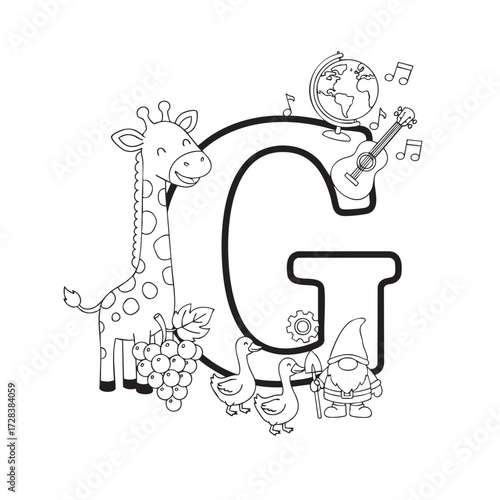 Educational coloring page with letter G and objects giraffe grapes goose globe guitar and gnome