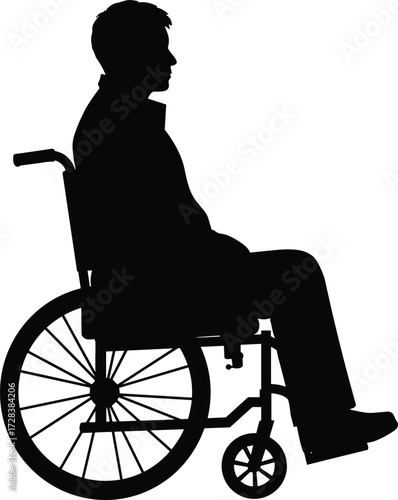 Wheelchair silhouette, disabled person icon, mobility aid, accessibility symbol, black and white figure, medical support, inclusive design, healthcare concept, independence
