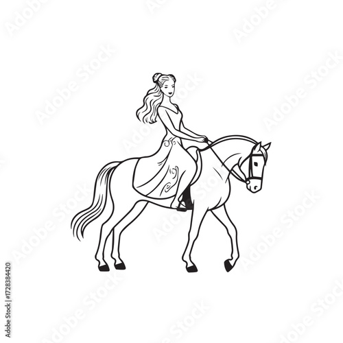 Black and white line art of a beautiful woman with perfect body riding horse elegant minimalist illustration