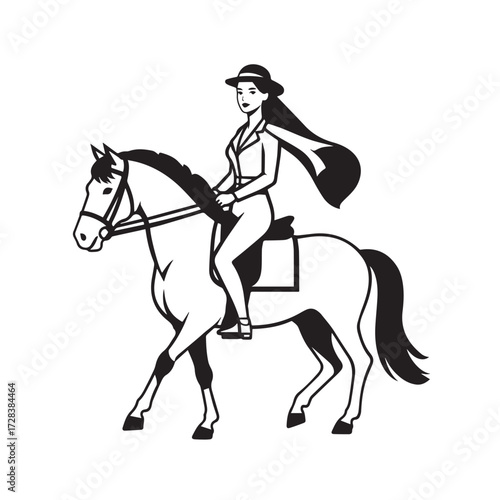 Black and white line art of a beautiful woman with perfect body riding horse elegant minimalist illustration