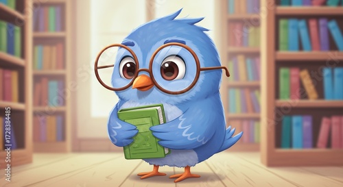 Cartoon bird with glasses and book in library setting