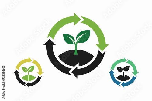 Recycling arrows around growing plant in three color variations
