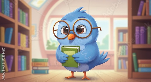 Cartoon blue bird character with glasses and book in library setting