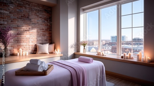 Spa Treatment Room With Massage Table Candles And Brick Wall Interior In Sunlight