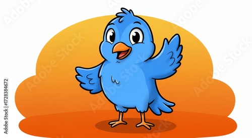 Cartoon blue bird greeting with orange backdrop isolated vector illustration