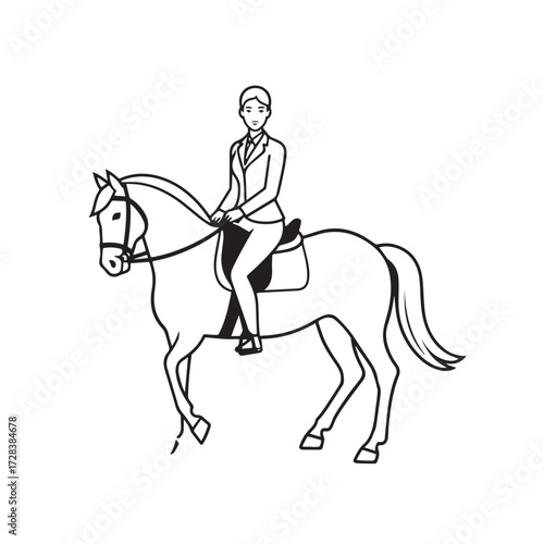 Black and white line art of a beautiful woman with perfect body riding horse elegant minimalist illustration