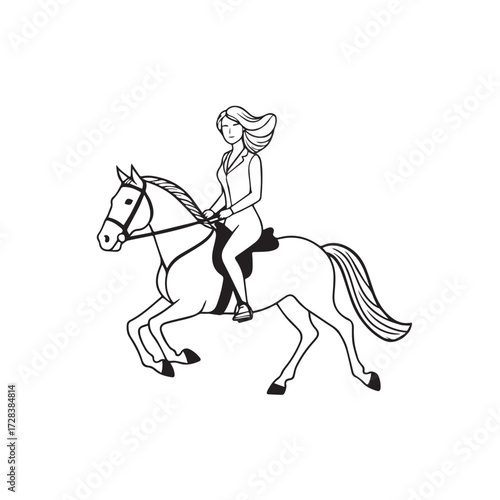 Black and white line art of a beautiful woman with perfect body riding horse elegant minimalist illustration