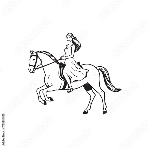 Black and white line art of a beautiful woman with perfect body riding horse elegant minimalist illustration