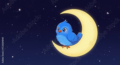Cartoon blue bird sitting on crescent moon under starry night sky