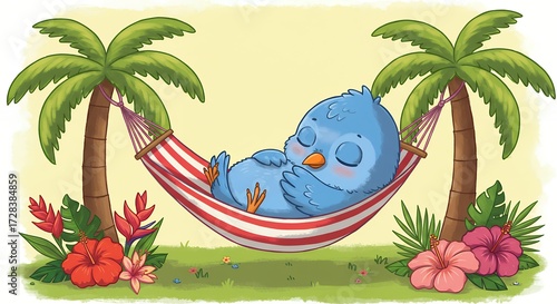 Cartoon blue bird relaxing in hammock between palm trees tropical summer scene
