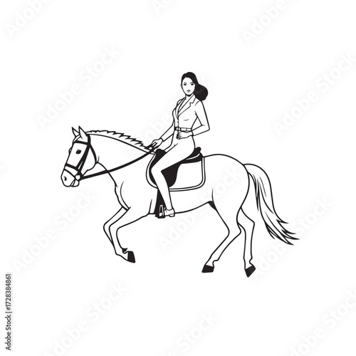 Black and white line art of a beautiful woman with perfect body riding horse elegant minimalist illustration