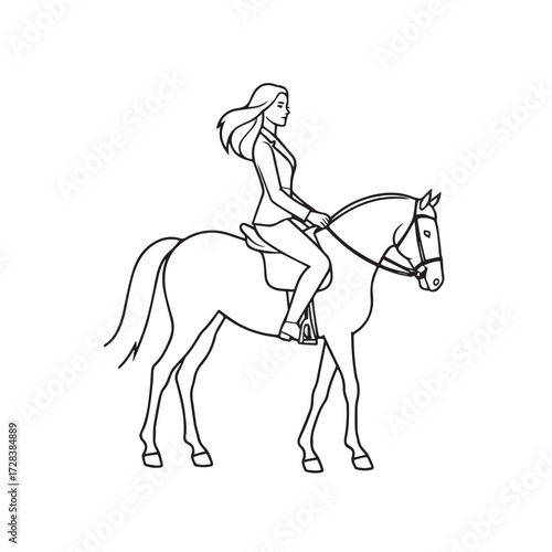 Black and white line art of a beautiful woman with perfect body riding horse elegant minimalist illustration