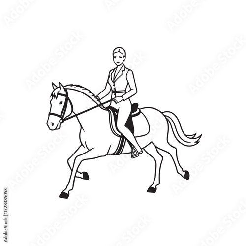 Black and white line art of a beautiful woman with perfect body riding horse elegant minimalist illustration