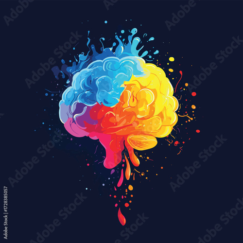 concept of a human brain full with creativity, shows multiple colors and action - generative ai image , vector style simple color