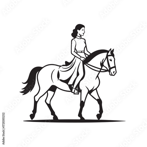 Black and white line art of a beautiful woman with perfect body riding horse elegant minimalist illustration
