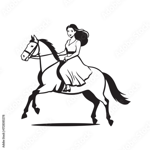 Black and white line art of a beautiful woman with perfect body riding horse elegant minimalist illustration