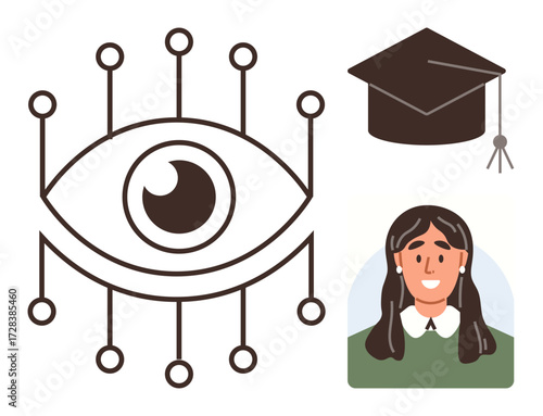 Central eye with linked nodes symbolizes technology, surrounded by graduation cap and student portrait emphasizing learning. Ideal for education, AI, digital learning, innovation, future, success
