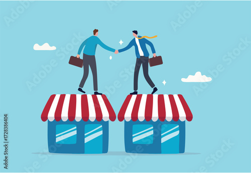 B2B, business to business sale agreement, enterprise commerce, contractor or supplier trade between company concept, businessman owner handshake on enterprise shop for B2B agreement.