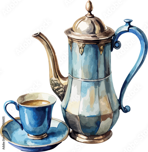 Set of Vintage Porcelain Coffee Pot and Cup Watercolor Vector Illustration