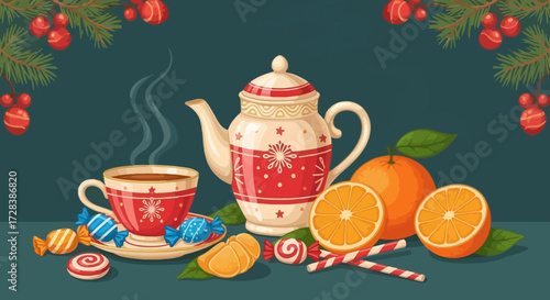 Vector Illustration of Holiday Still Life with Teapot Oranges and Candies in Festive Decorative Style