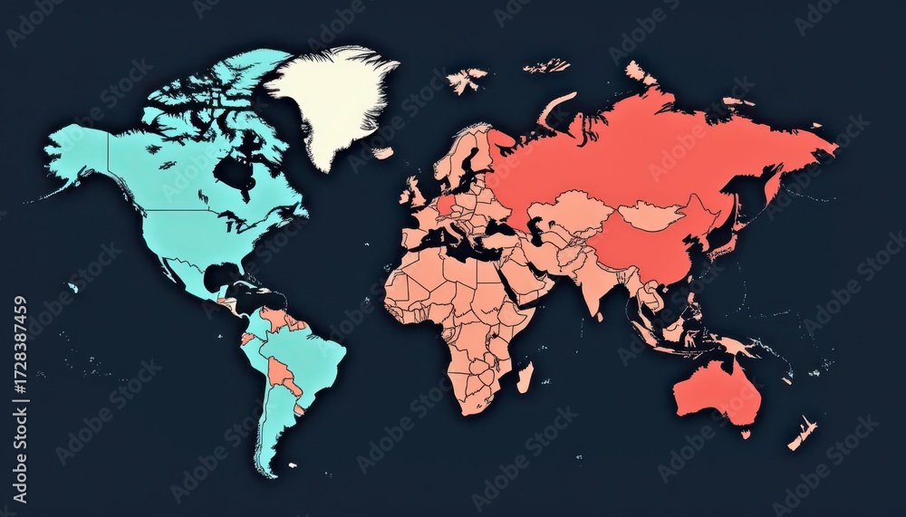 Fototapeta premium Colorful world map, a vibrant depiction of global geography for educational exploration and visual learning