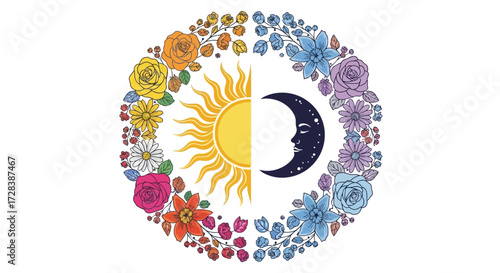 Floral Vector Illustration with Sun and Moon Design in Colorful Modern Style