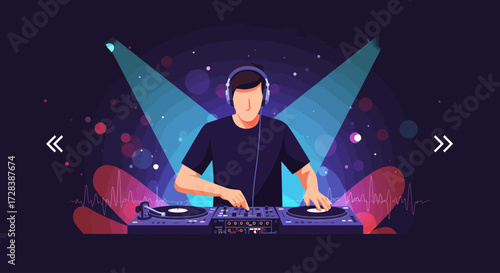 A compelling, photo realistic close-up showcases a DJ's hands skillfully manipulating a mixing deck and turntable, conveying the intensity of a live performance. 