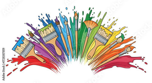 Colorful Painting Vector Illustration with Paintbrushes and Vibrant Color Splashes in Artistic Style