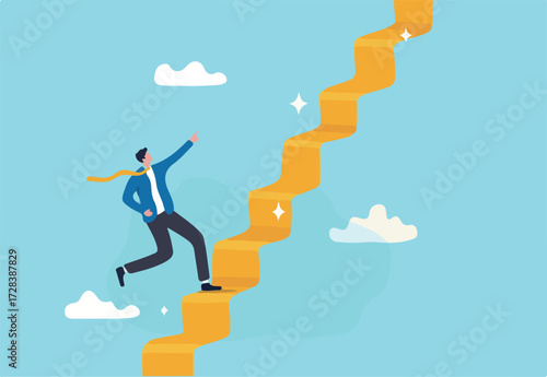 Ladder of success, stair way to succeed and reach business target, growth or growing career path, motivation and challenge to success opportunity concept, businessman climb up stair way to success.