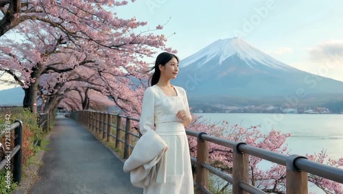 Serene asian woman in white dress strolls along a cherry blossom path with mount fuji in the background enjoying the beautiful scenery and peaceful atmosphere