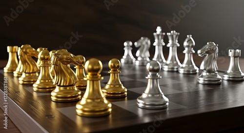 Chessboard with gold and silver pieces strategy and competition