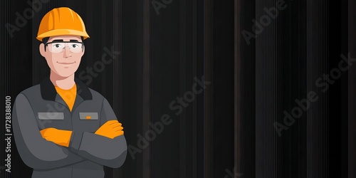Illustration of a construction worker in protective gear with arms crossed, on black background