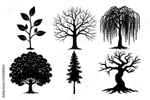 set of trees silhouettes