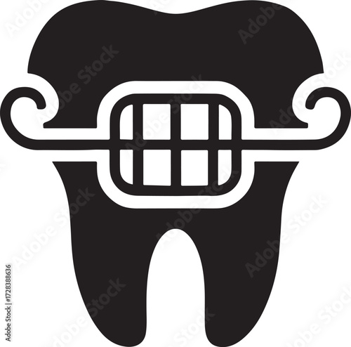Tooth with retainer silhouette icon, orthodontic dental care design for teeth alignment and hygiene.