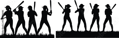 Silhouette of a baseball team with players holding bats ready to play 