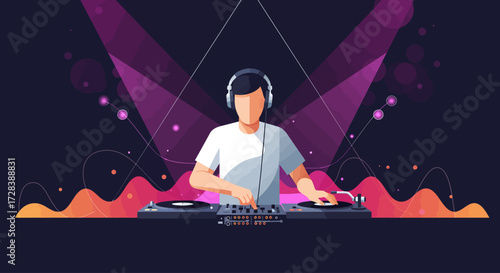 A compelling, photo realistic close-up showcases a DJ's hands skillfully manipulating a mixing deck and turntable, conveying the intensity of a live performance. 