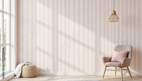 Striking pink striped wallpaper accentuating a chair in welllit room pink