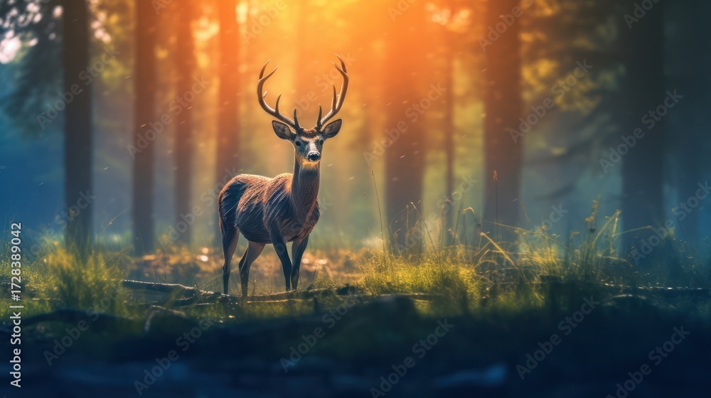 Obraz premium deer in forest, magical sunset light, detailed wildlife, cinematic composition, vibrant colors, depth of field, moody atmosphere, fog, lush foliage, magical realism, award-winning photography 