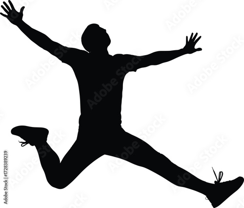 Silhouette person jumping mid-air with arms and legs spread, energetic pose, expressive motion, joyful leap, dynamic vector illustration