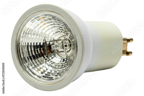 Halogen spotlight bulb with a bi-pin base and faceted reflector on a transparent background