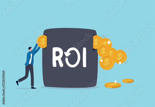 ROI, return on investment performance measure from cost invested and profit efficiency, marketing cost to get campaign success concept, businessman invest money coin in ROI box to get return profit.