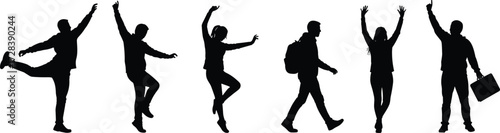 Collection of anonymous people silhouettes in motion, celebrating success, freedom, and joy, including a student, dancer, and a businessman.